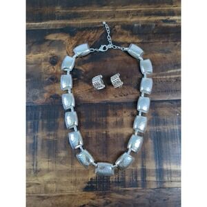 Matching Necklace &‎ Clipon Earrings Hammered Silver Tone Metal